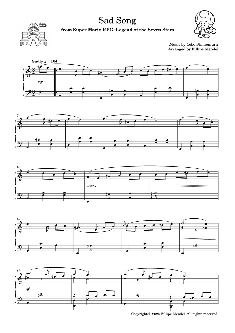 A Sad Song from Super Mario RPG: Legend of the Seven Stars Easy Piano scores gallery preview page 1