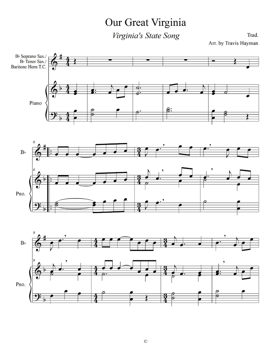 Our Great Virginia - for Bb Soprano Sax./Bb Tenor Sax./ Baritone Horn T.C. with Piano Accompaniment Tenor Saxophone scores gallery preview page 3
