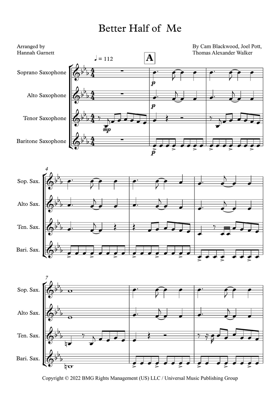 Better Half Of Me Saxophone Quartet scores gallery preview page 1