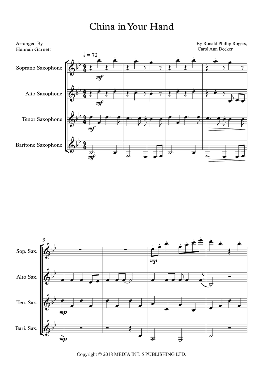 China In Your Hand China In Your Hand Saxophone Quartet scores gallery preview page 1