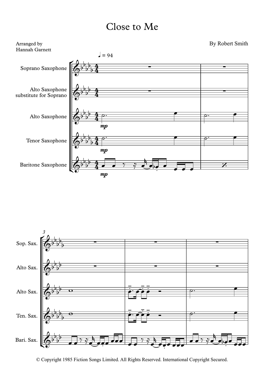 Close To Me Saxophone Quartet scores gallery preview page 1