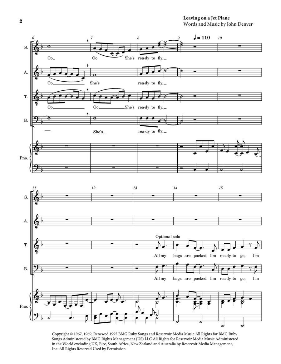 Medley: Fly Away with Leaving On A Jet Plane 4-Part scores gallery preview page 2
