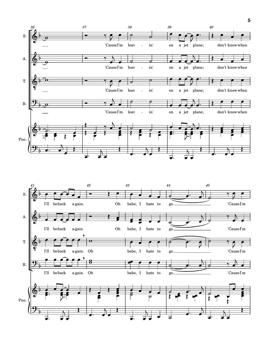 Medley: Fly Away with Leaving On A Jet Plane 4-Part scores gallery preview page 5