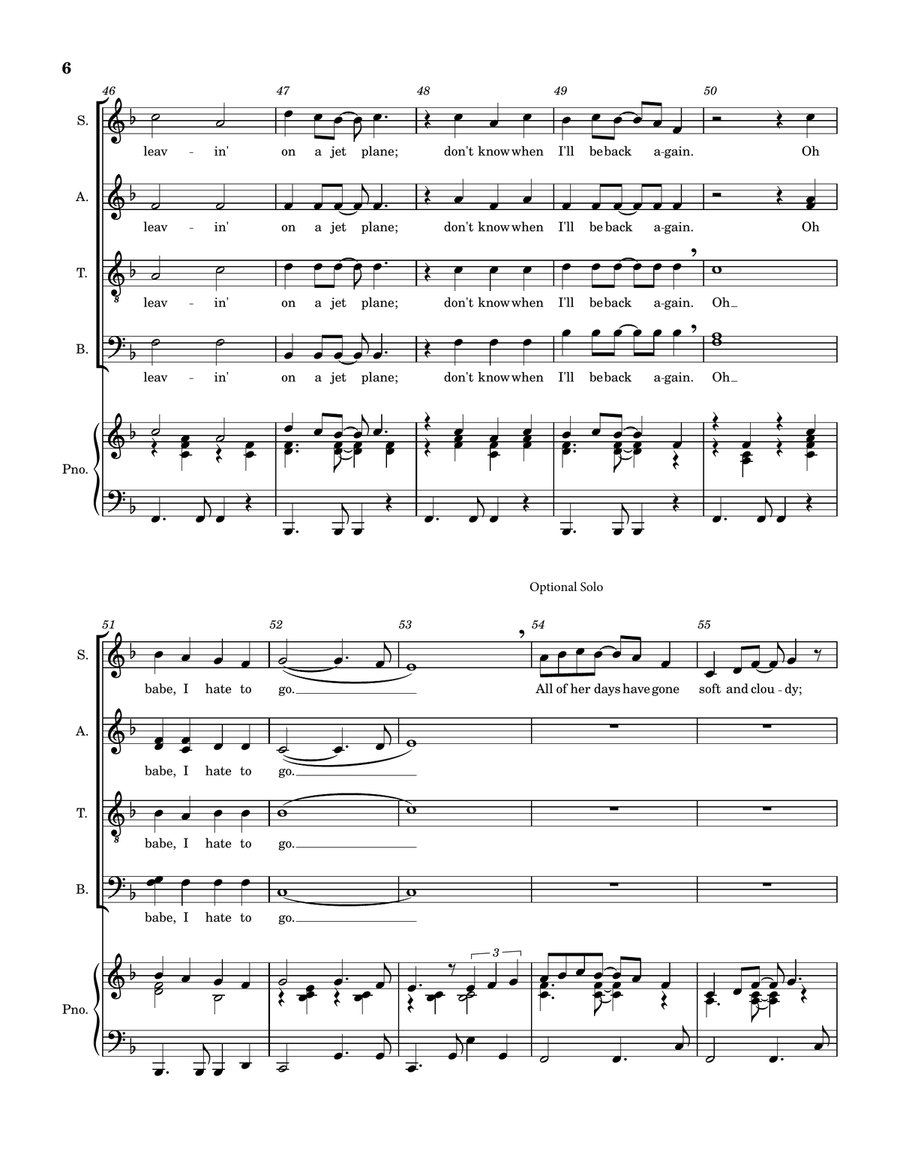 Medley: Fly Away with Leaving On A Jet Plane 4-Part scores gallery preview page 6