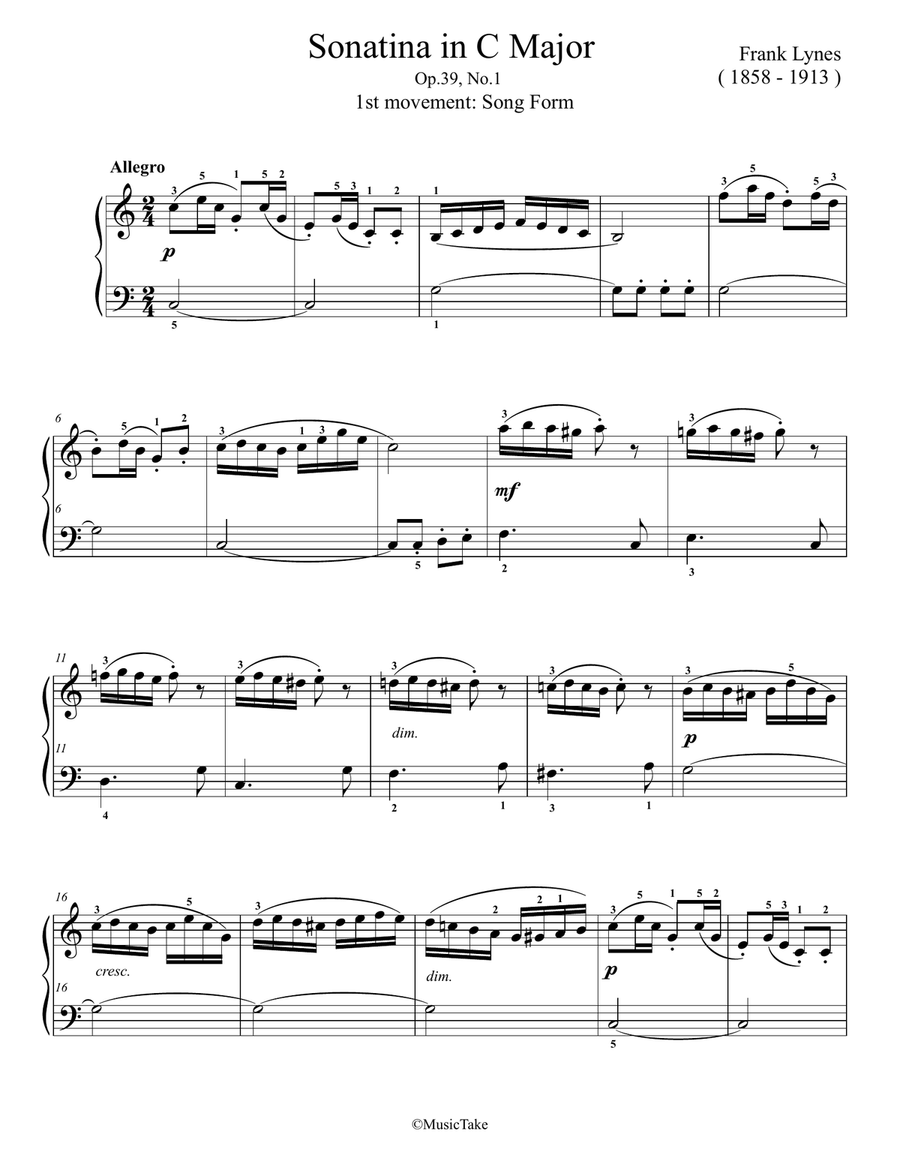 Lynes Sonatina in C Major, Op.39, No.1, 1st movement Easy Piano scores gallery preview page 1