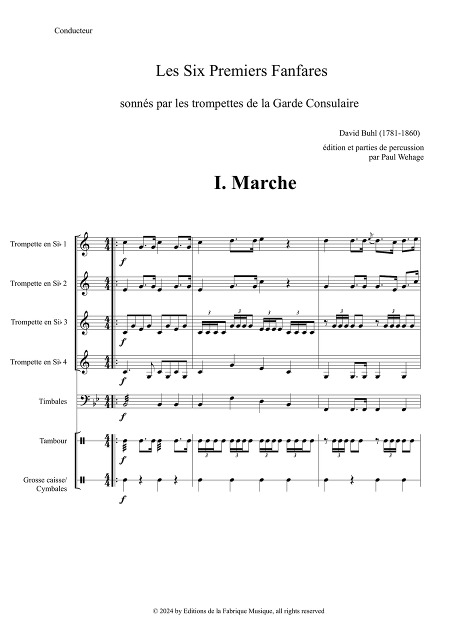 David Buhl : Six Premiers Fanfare du Premier Consul, for 4 trumpets and percussion Brass Quartet scores gallery preview page 3