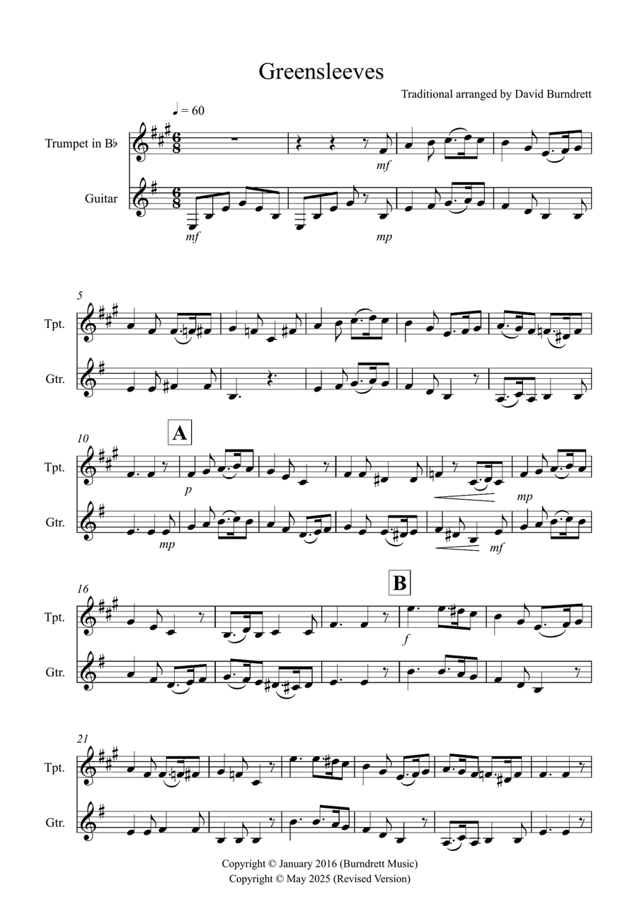Greensleeves for Trumpet and Guitar Duet Trumpet Duet scores gallery preview page 1