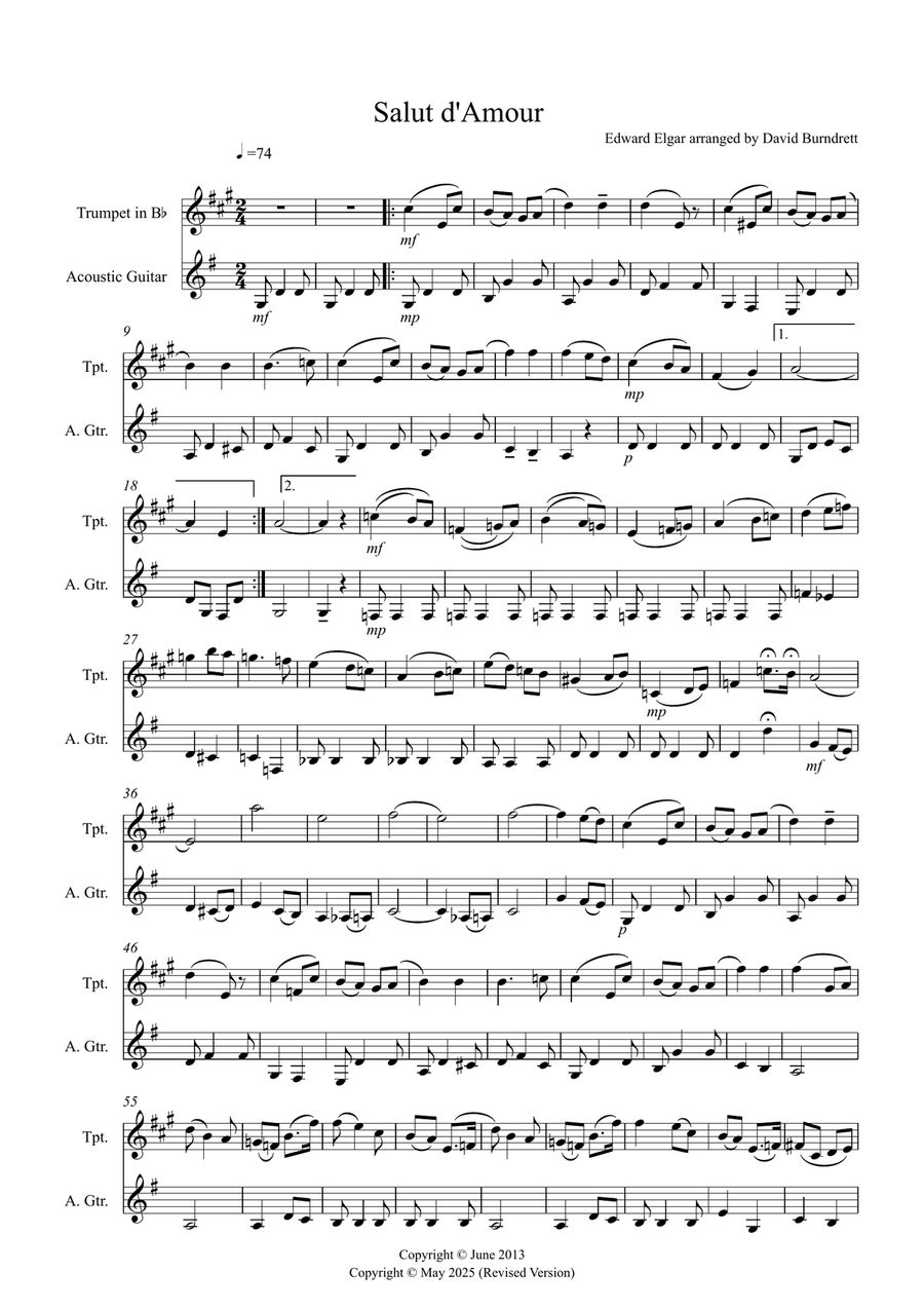 Salut d' Amour for Trumpet and Guitar Duet Trumpet Duet scores gallery preview page 1