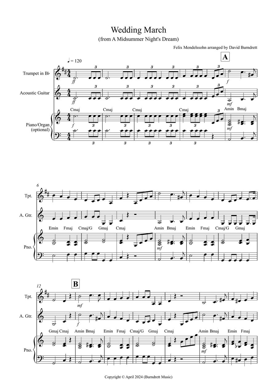 Wedding March (from A Midsummer Night's Dream) for Trumpet and Guitar Duet Trumpet Duet scores gallery preview page 1