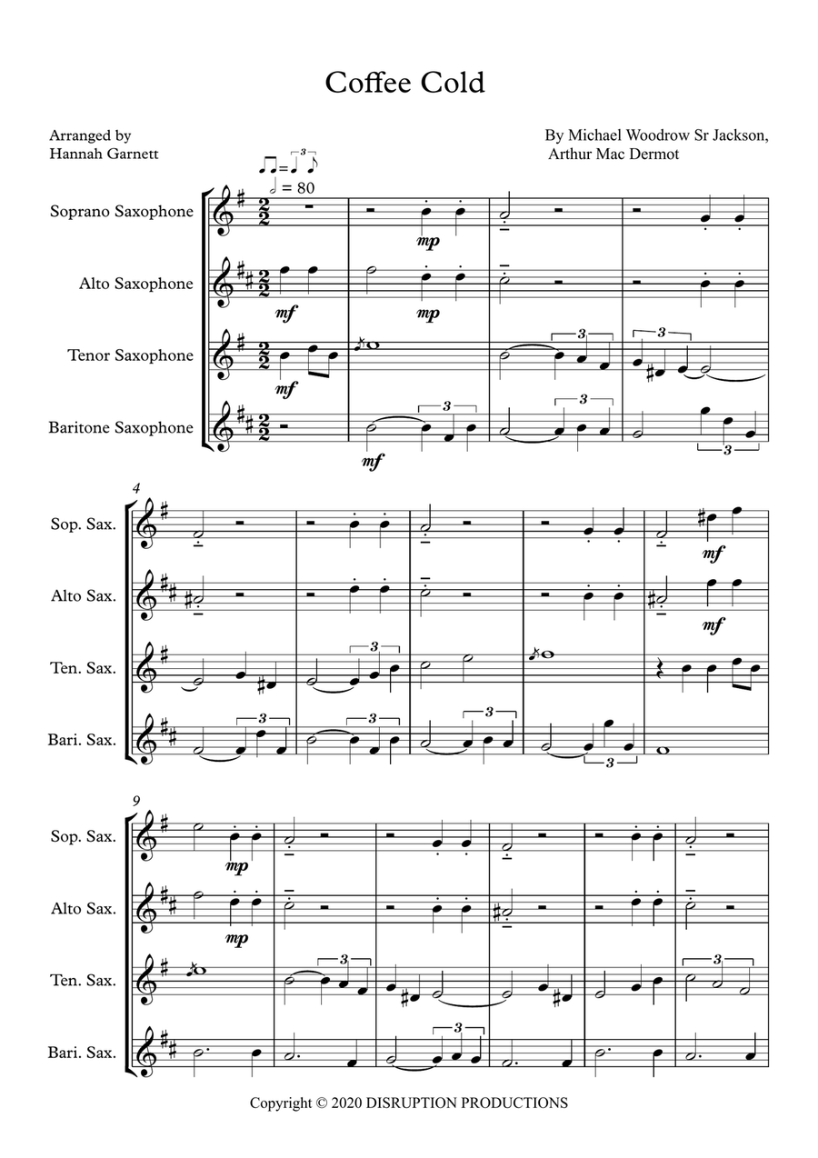 Coffee Cold Saxophone Quartet scores gallery preview page 1