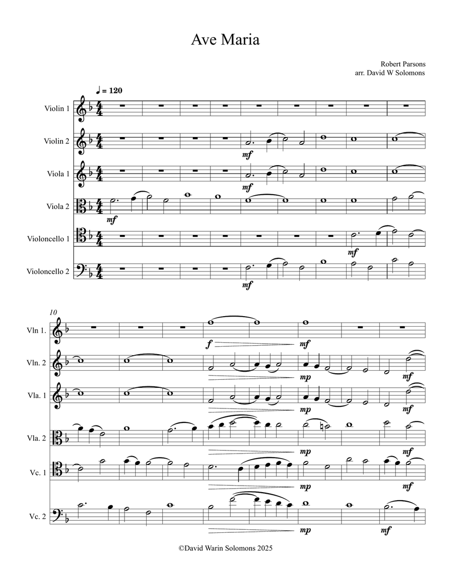 Robert Parsons Ave Maria arranged for string sextet or string orchestra String Orchestra scores gallery preview page 1