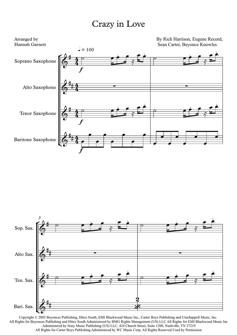 Crazy In Love Saxophone Quartet scores gallery preview page 1