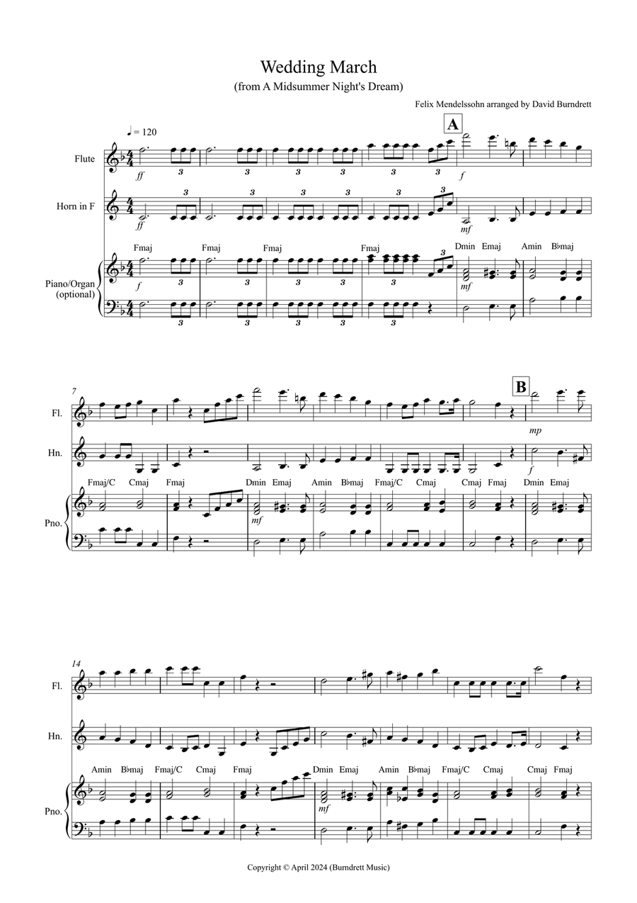 Wedding March (from A Midsummer Night's Dream) for Flute and Horn Duet Woodwind Duet scores gallery preview page 1