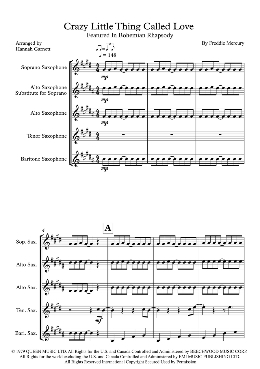 Crazy Little Thing Called Love Saxophone Quartet scores gallery preview page 1