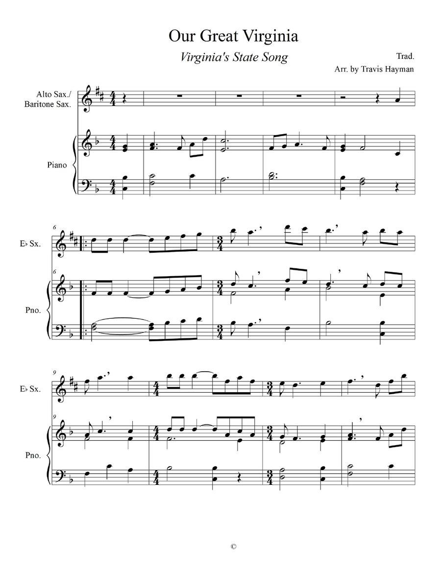 Our Great Virginia - for Alto Sax./Baritone Sax. with Piano Accompaniment Baritone Saxophone scores gallery preview page 3