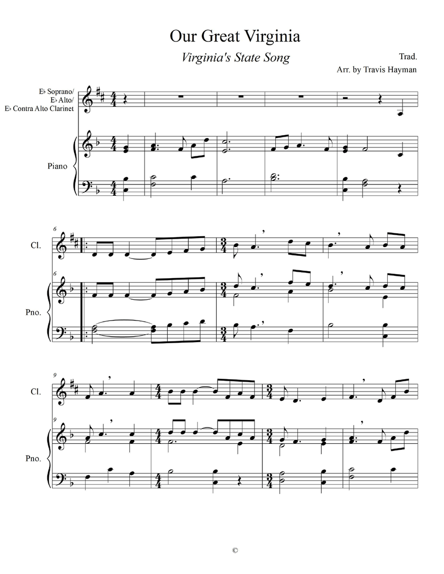 Our Great Virginia - for Eb Soprano/Eb Alto/Eb Contra Alto Clarinet with Piano Accompaniment E-Flat Clarinet scores gallery preview page 3