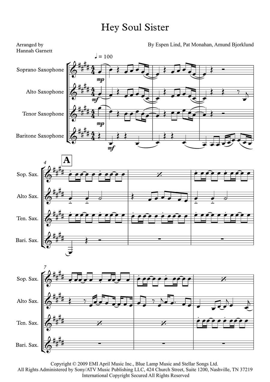 Hey, Soul Sister Hey, Soul Sister Saxophone Quartet scores gallery preview page 1
