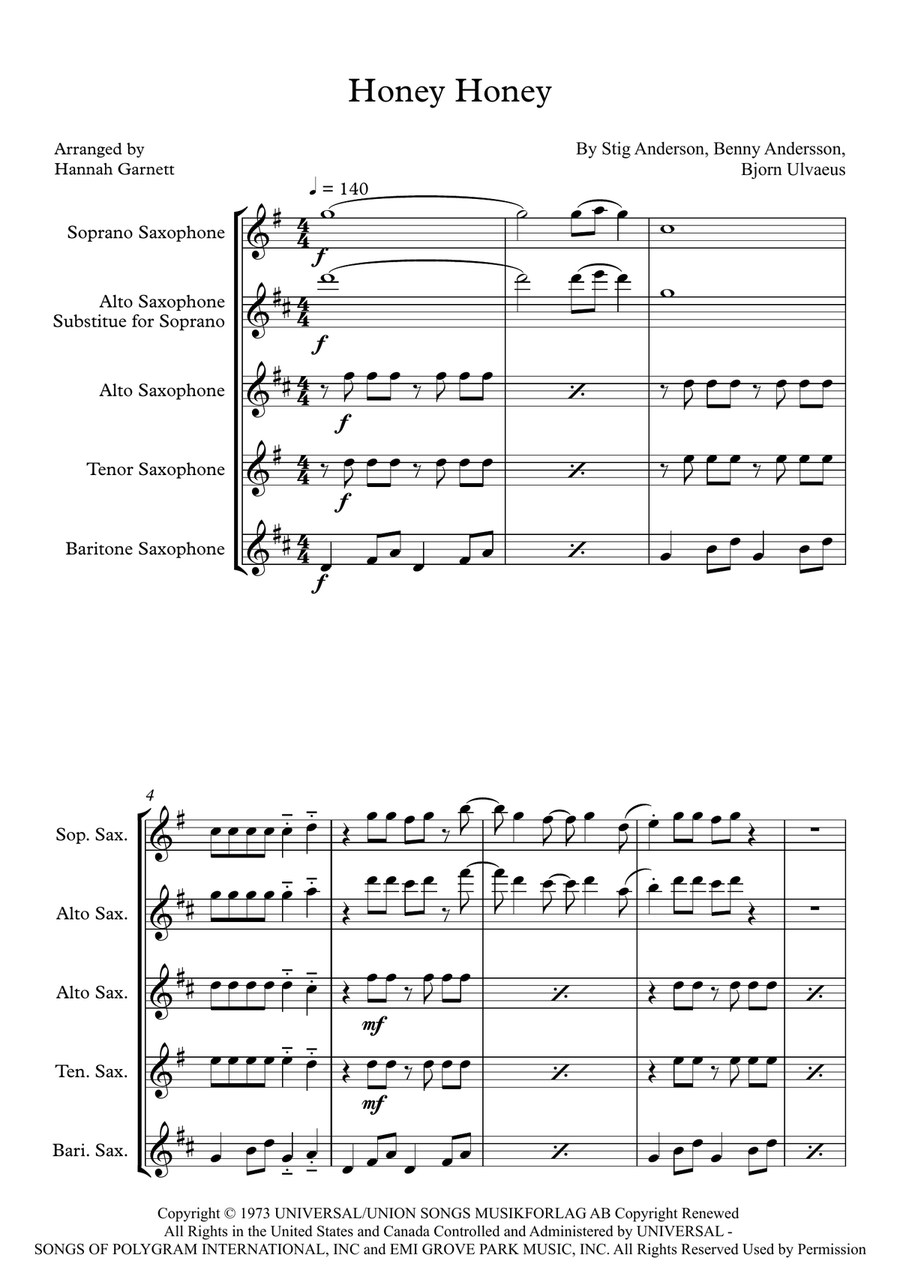 Honey, Honey Honey, Honey Saxophone Quartet scores gallery preview page 1