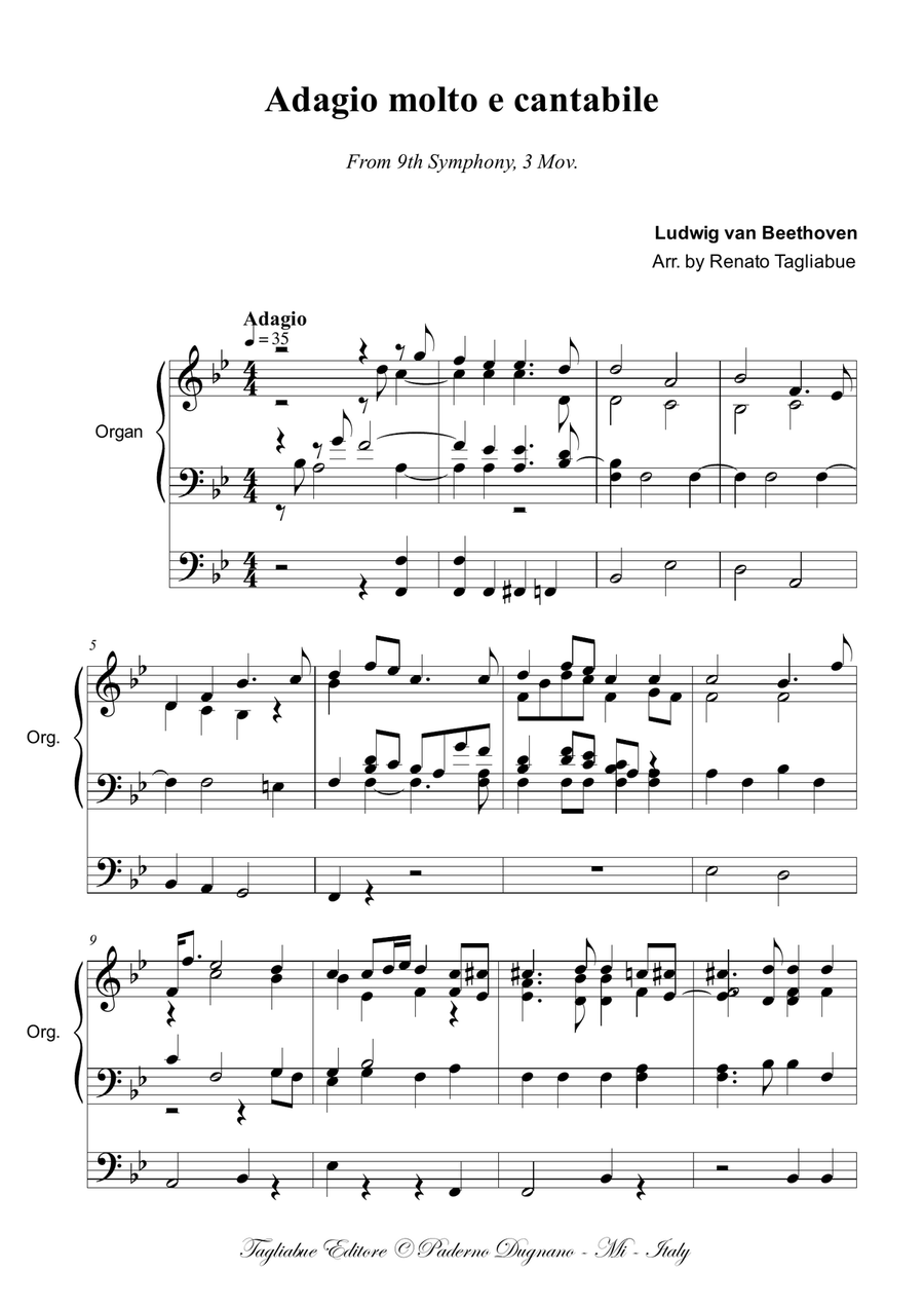 ADAGIO MOLTO E CANTABILE, From 9th Symphony, 3 Mov. - Arr. for Organ 3 staffs Organ Solo scores gallery preview page 1