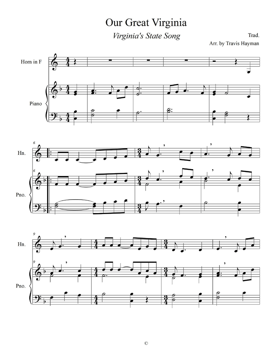Our Great Virginia - for Horn in F with Piano Accompaniment Piano scores gallery preview page 3