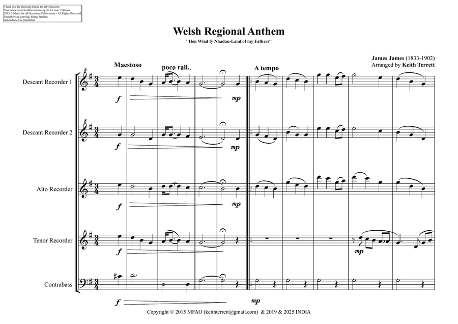 Welsh Regional Anthem for Recorder Consort (World National Anthem Series) Woodwind Quintet scores gallery preview page 2