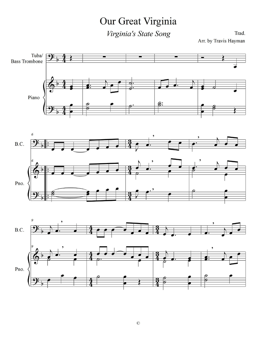 Our Great Virginia - for Tuba/Bass Trombone with Piano Accompaniment Trombone scores gallery preview page 3