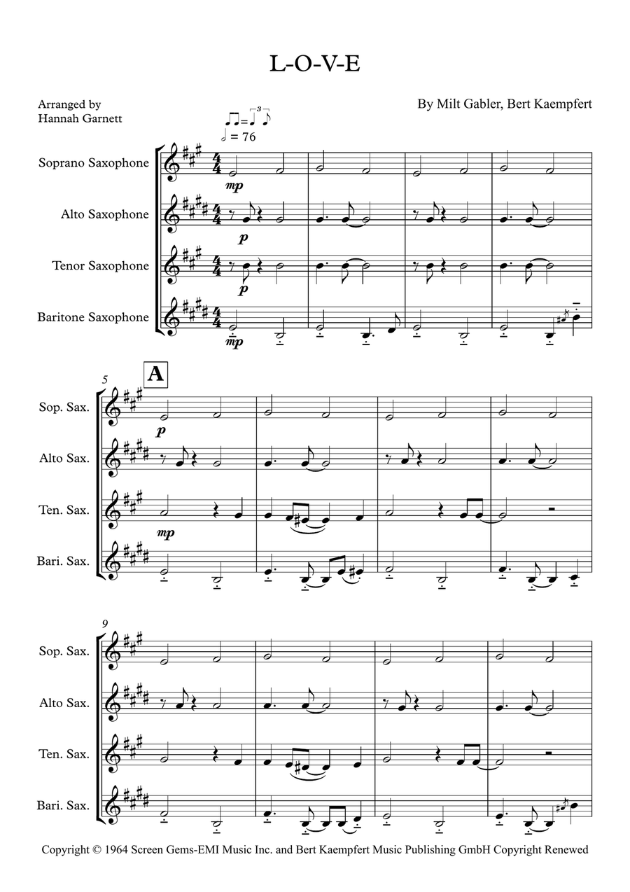 L-O-V-E L-O-V-E Saxophone Quartet scores gallery preview page 1