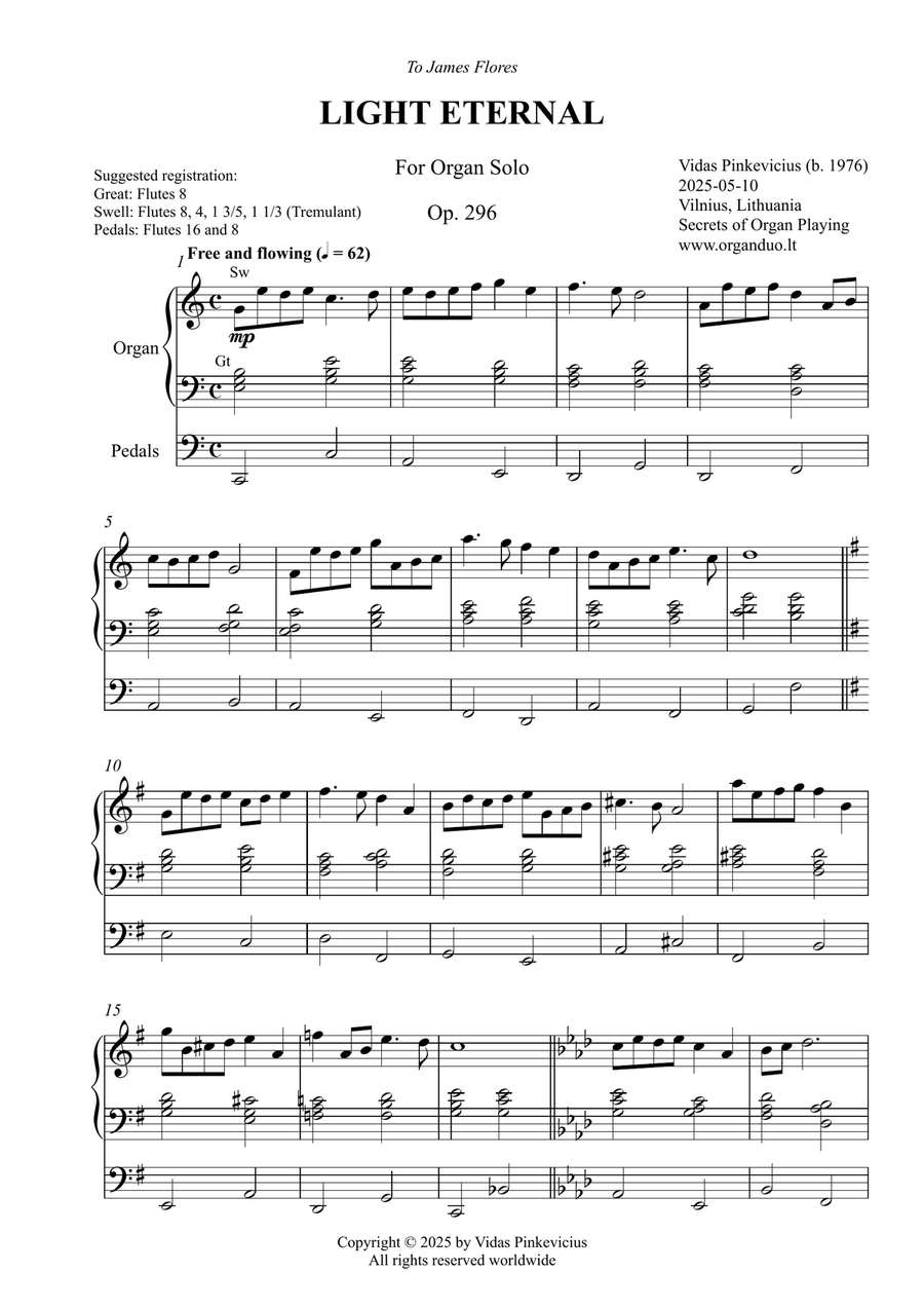 Light Eternal, Op. 296 (Organ Solo) by Vidas Pinkevicius Organ Solo scores gallery preview page 1