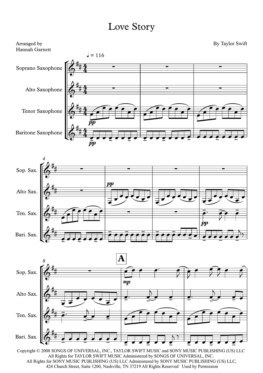 Love Story Love Story Saxophone Quartet scores gallery preview page 1