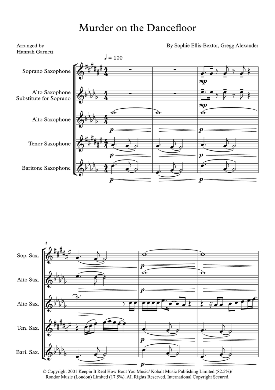 Murder On The Dancefloor Murder On The Dancefloor Saxophone Quartet scores gallery preview page 1