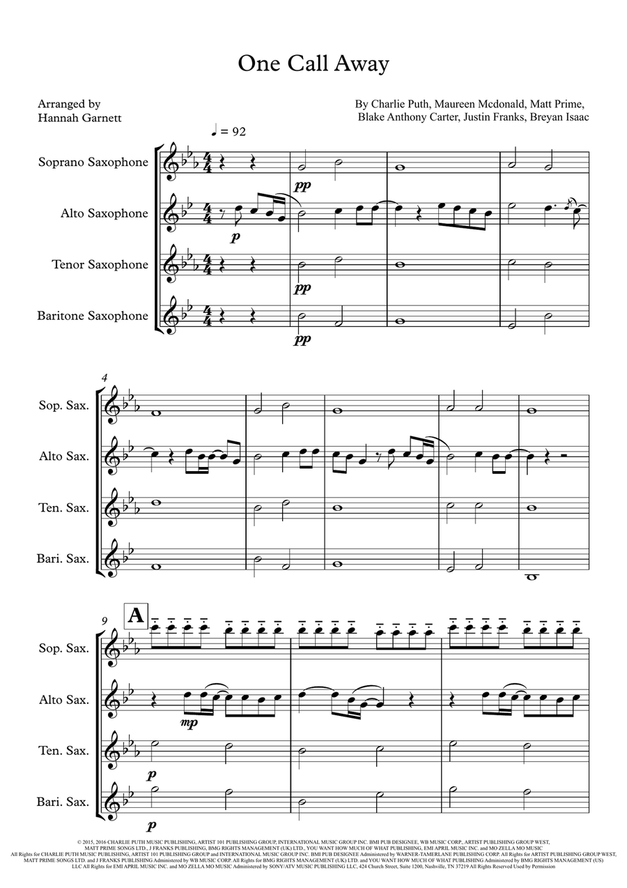 One Call Away One Call Away Saxophone Quartet scores gallery preview page 1