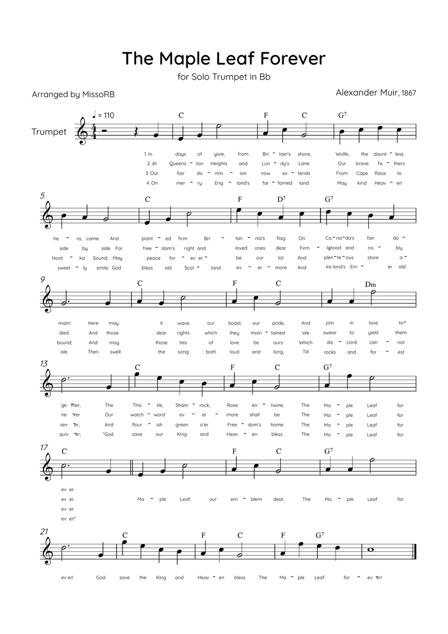 The Maple Leaf Forever - Solo Trumpet in Bb Major With Chords & Lyrics B-Flat Trumpet scores gallery preview page 1