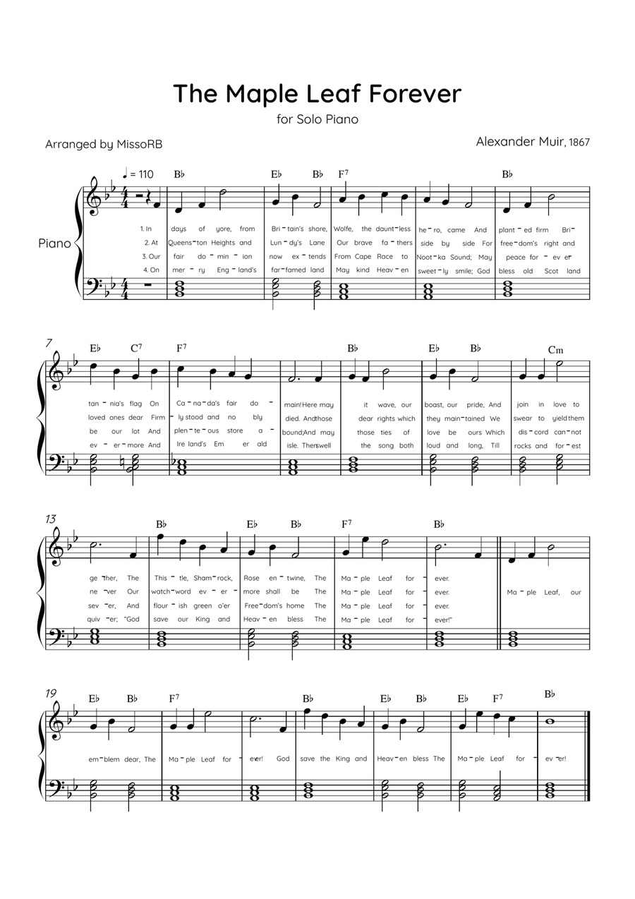 The Maple Leaf Forever - Solo Solo Piano in Bb Major With Chords & Lyrics Easy Piano scores gallery preview page 1