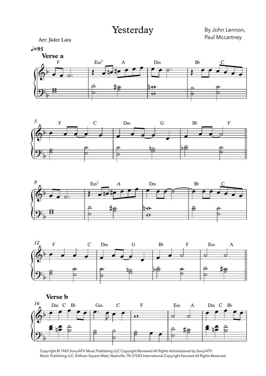 Yesterday Easy Piano scores gallery preview page 1
