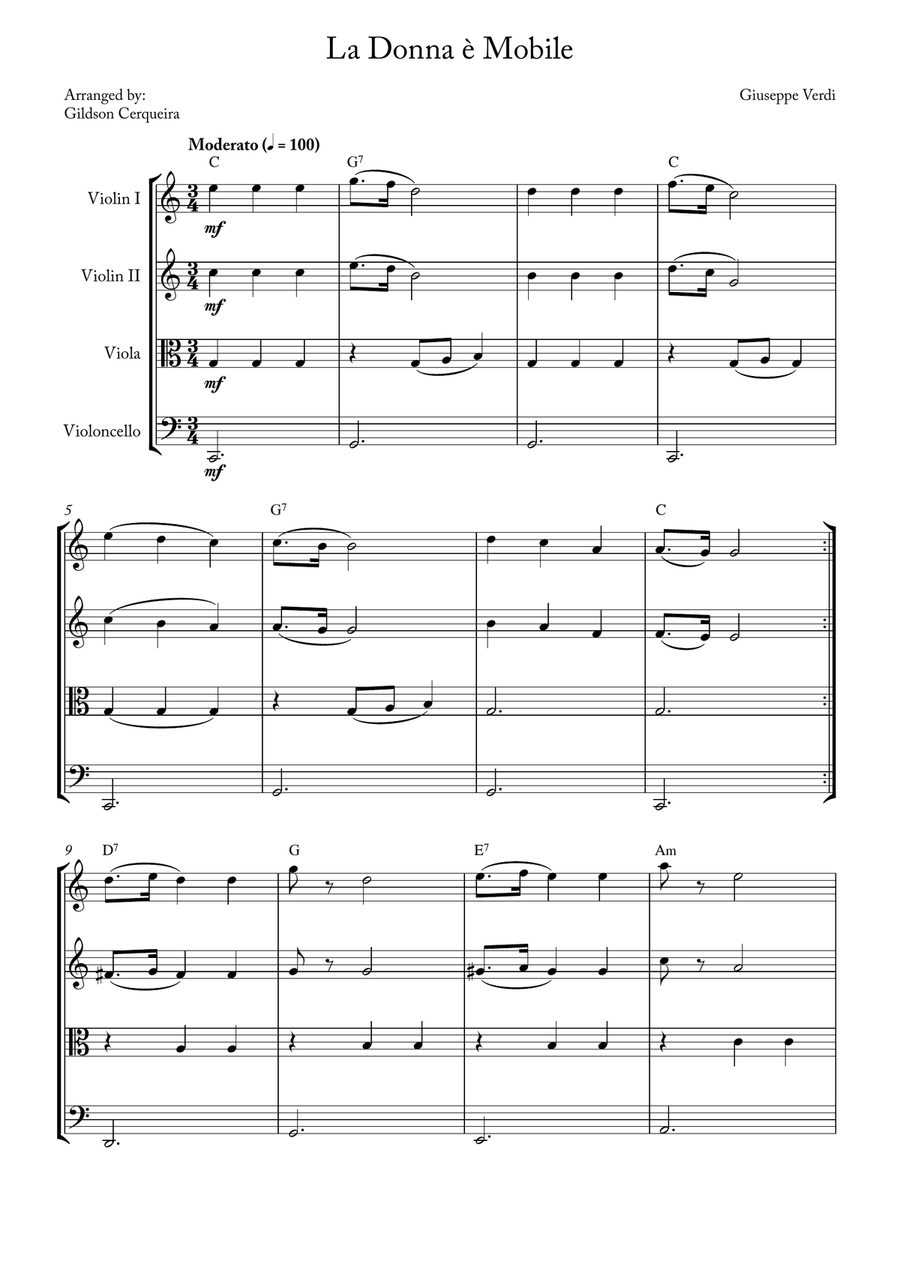 La Donna è Mobile La Donna è Mobile String Quartet scores gallery preview page 1
