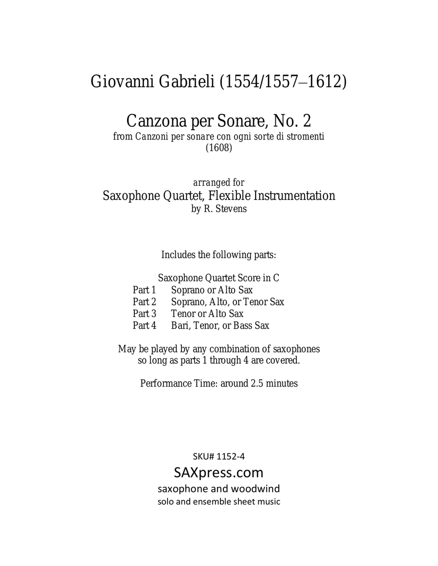 Canzona per Sonare No. 2 Saxophone Quartet scores gallery preview page 3
