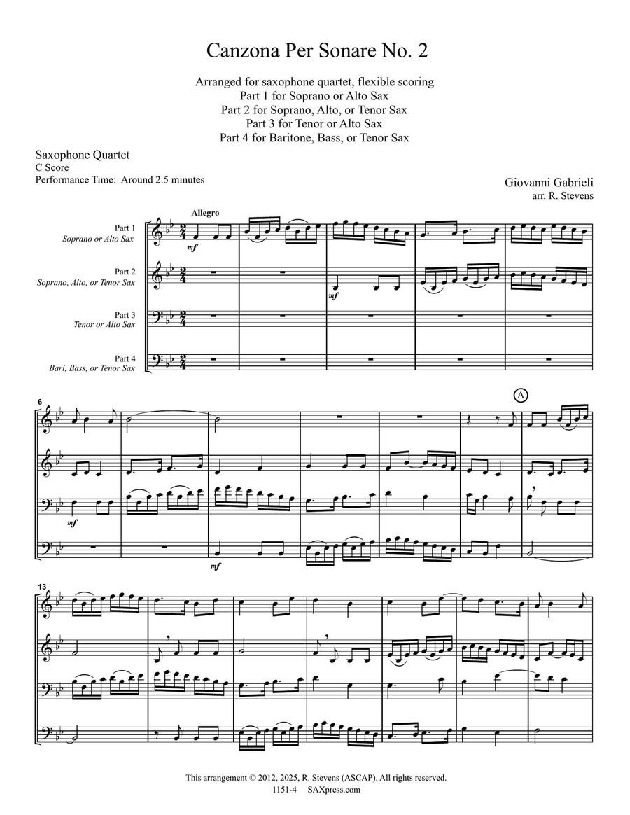 Canzona per Sonare No. 2 Saxophone Quartet scores gallery preview page 5