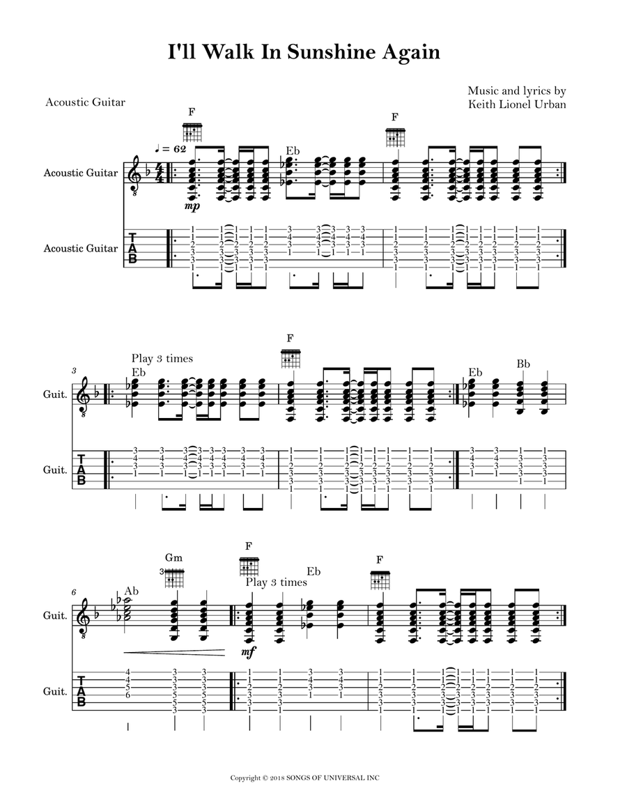I'll Walk In The Sunshine Again Guitar Tablature scores gallery preview page 1