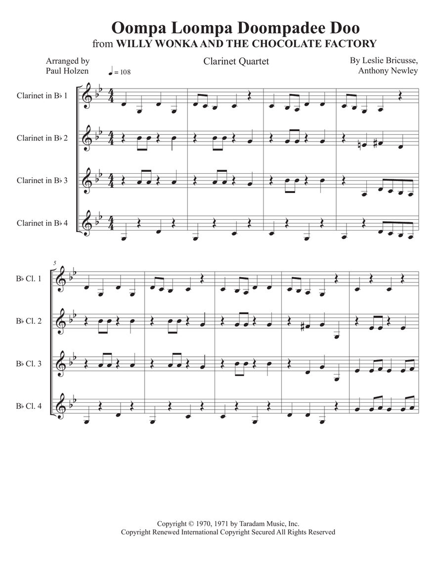 Oompa-Loompa-Doompadee-Doo Clarinet Quartet scores gallery preview page 1