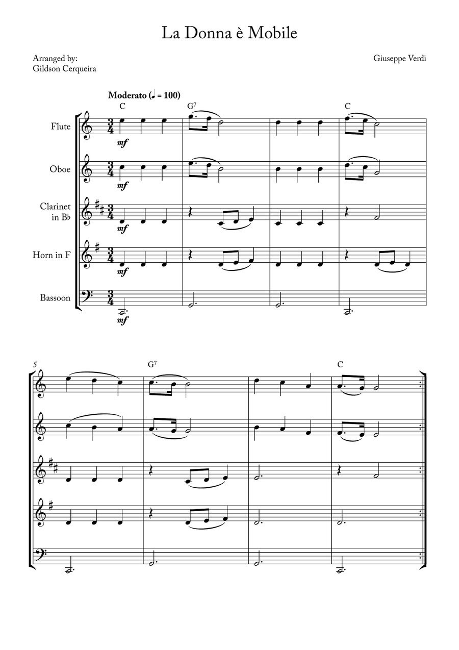 La Donna è Mobile La Donna è Mobile Woodwind Quintet scores gallery preview page 1