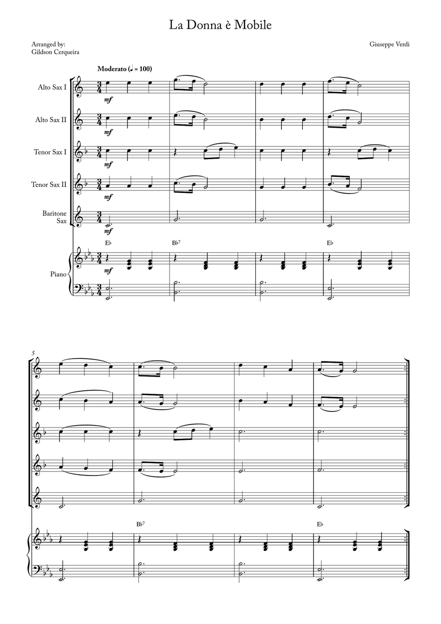 La Donna è Mobile La Donna è Mobile Saxophone Quintet scores gallery preview page 1