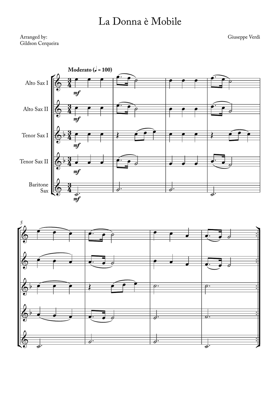 La Donna è Mobile La Donna è Mobile Saxophone Quintet scores gallery preview page 1