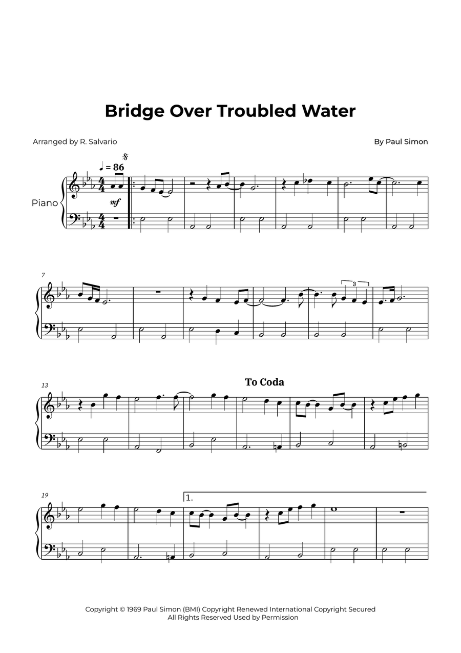 Bridge Over Troubled Water Easy Piano scores gallery preview page 1