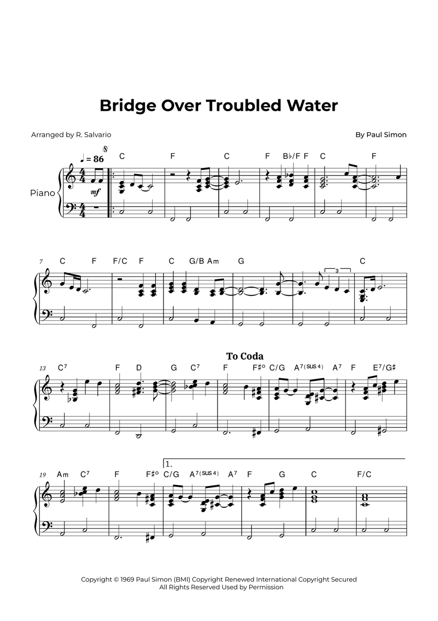 Bridge Over Troubled Water Piano Solo scores gallery preview page 1