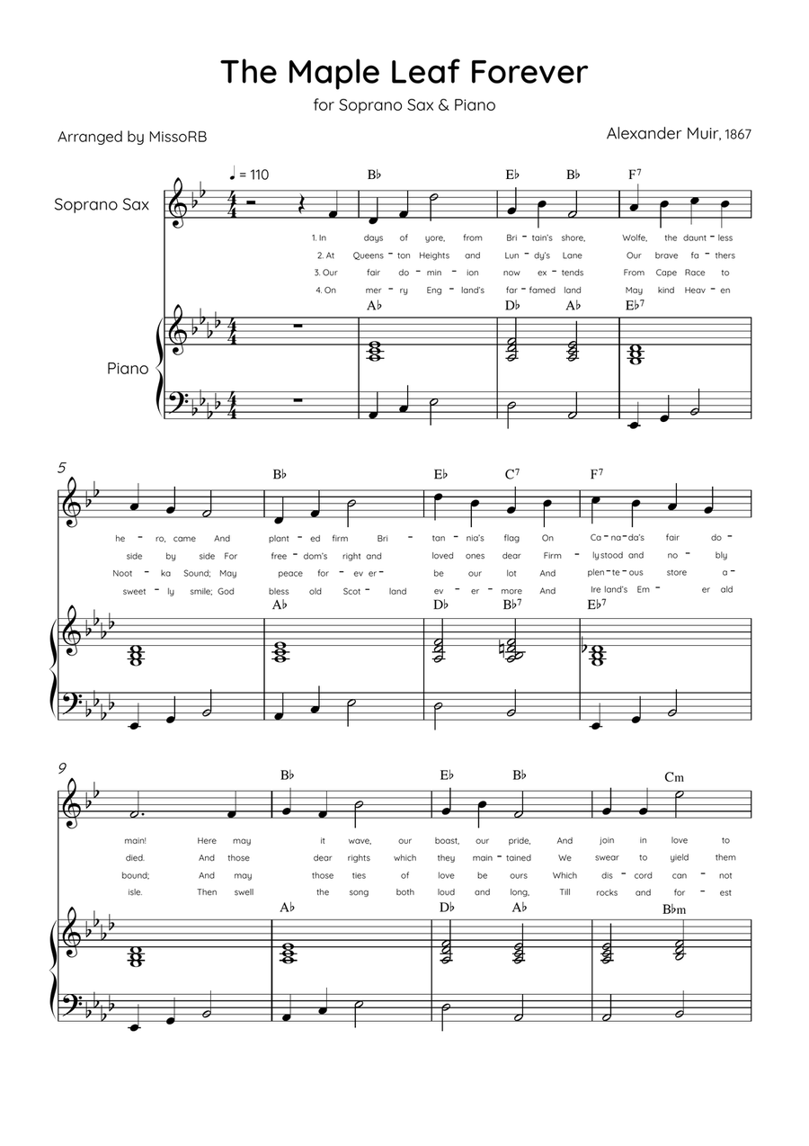 The Maple Leaf Forever - Soprano Sax & Piano in Ab Major With Chords & Lyrics Soprano Saxophone scores gallery preview page 1