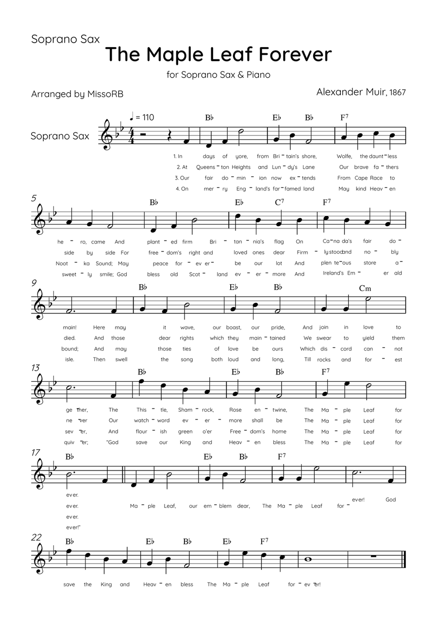 The Maple Leaf Forever - Soprano Sax & Piano in Ab Major With Chords & Lyrics Soprano Saxophone scores gallery preview page 3