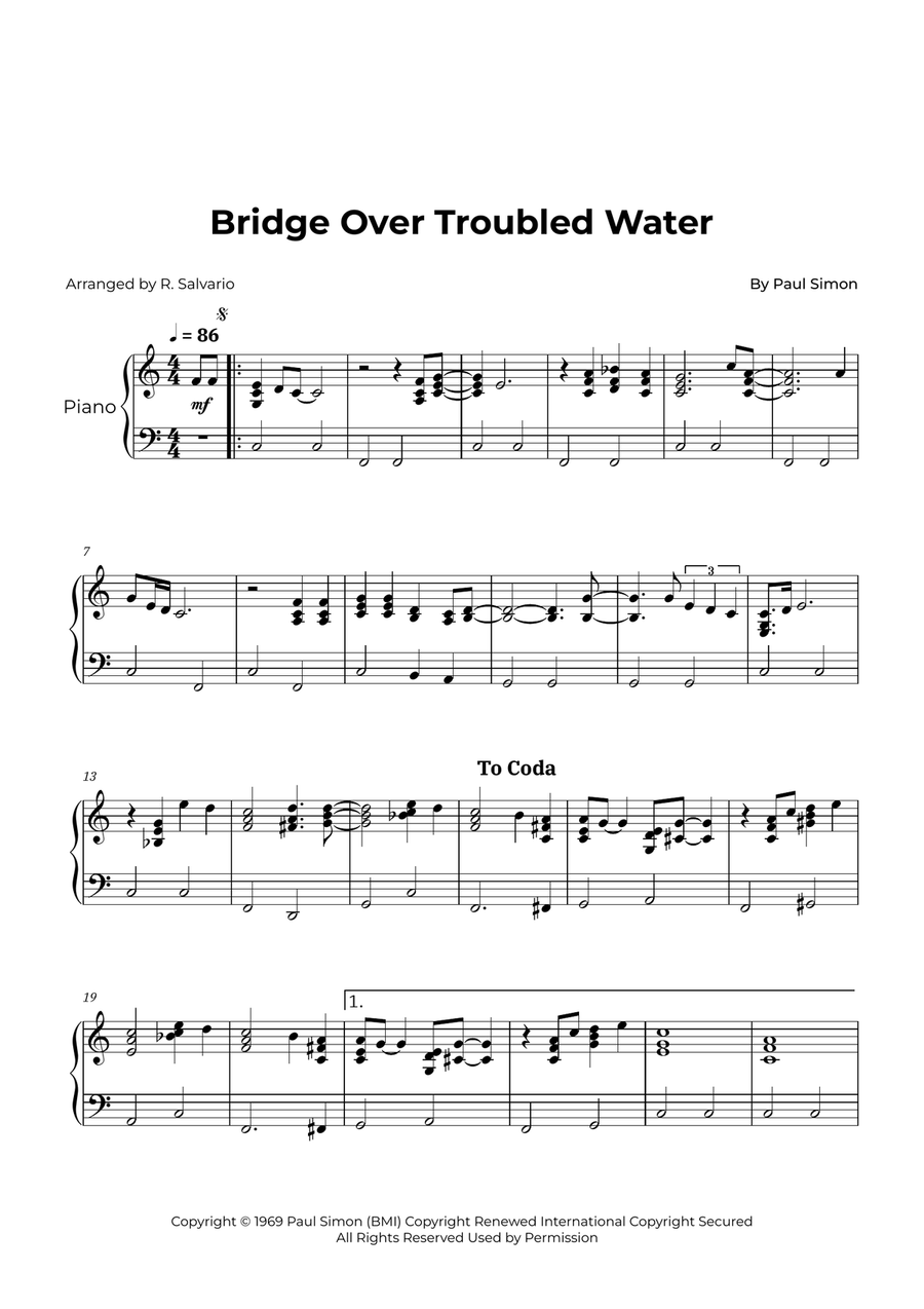 Bridge Over Troubled Water Piano Solo scores gallery preview page 1