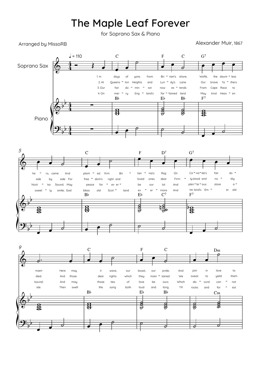 The Maple Leaf Forever - Soprano Sax & Piano in Bb Major With Chords & Lyrics Soprano Saxophone scores gallery preview page 1