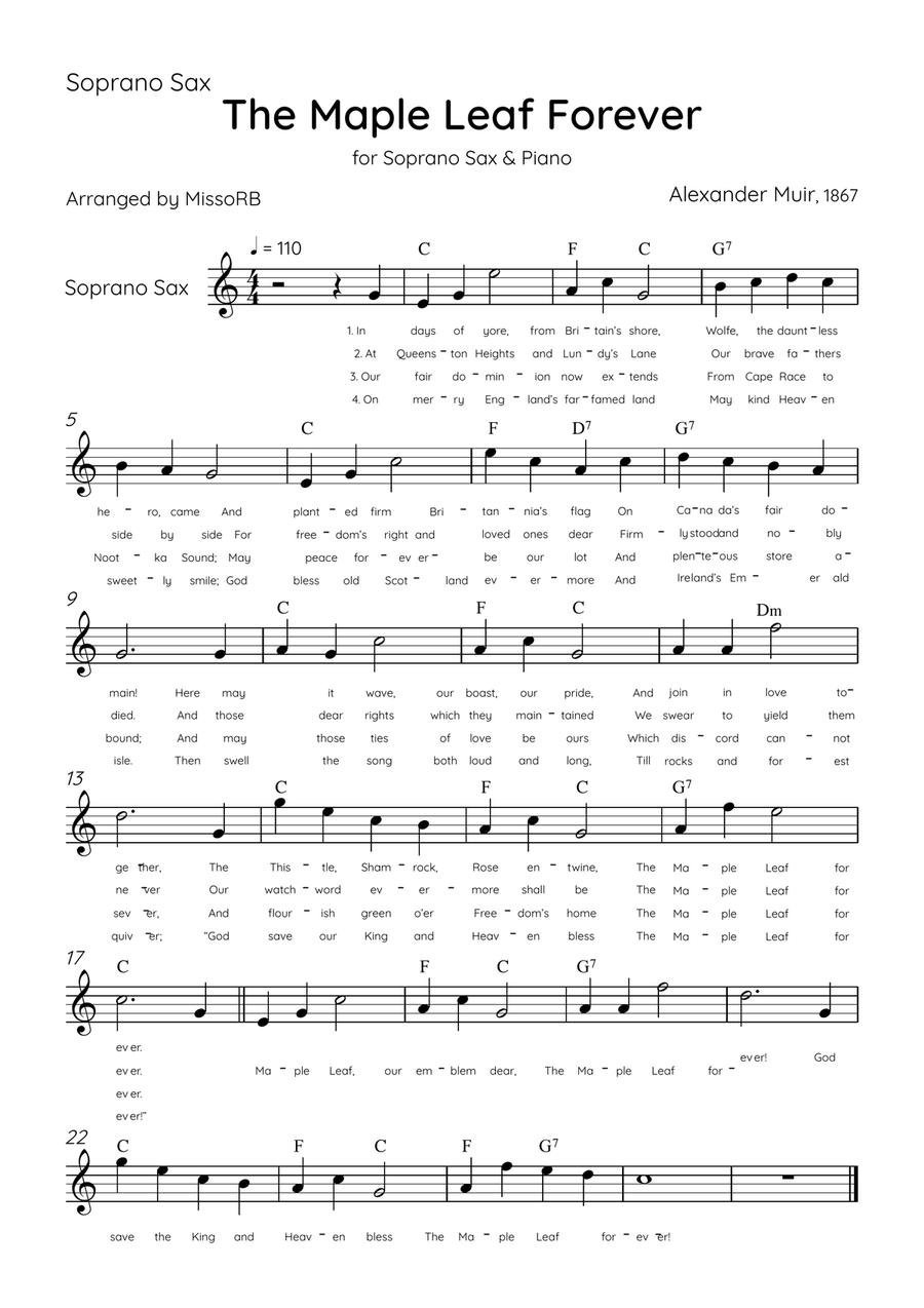 The Maple Leaf Forever - Soprano Sax & Piano in Bb Major With Chords & Lyrics Soprano Saxophone scores gallery preview page 3