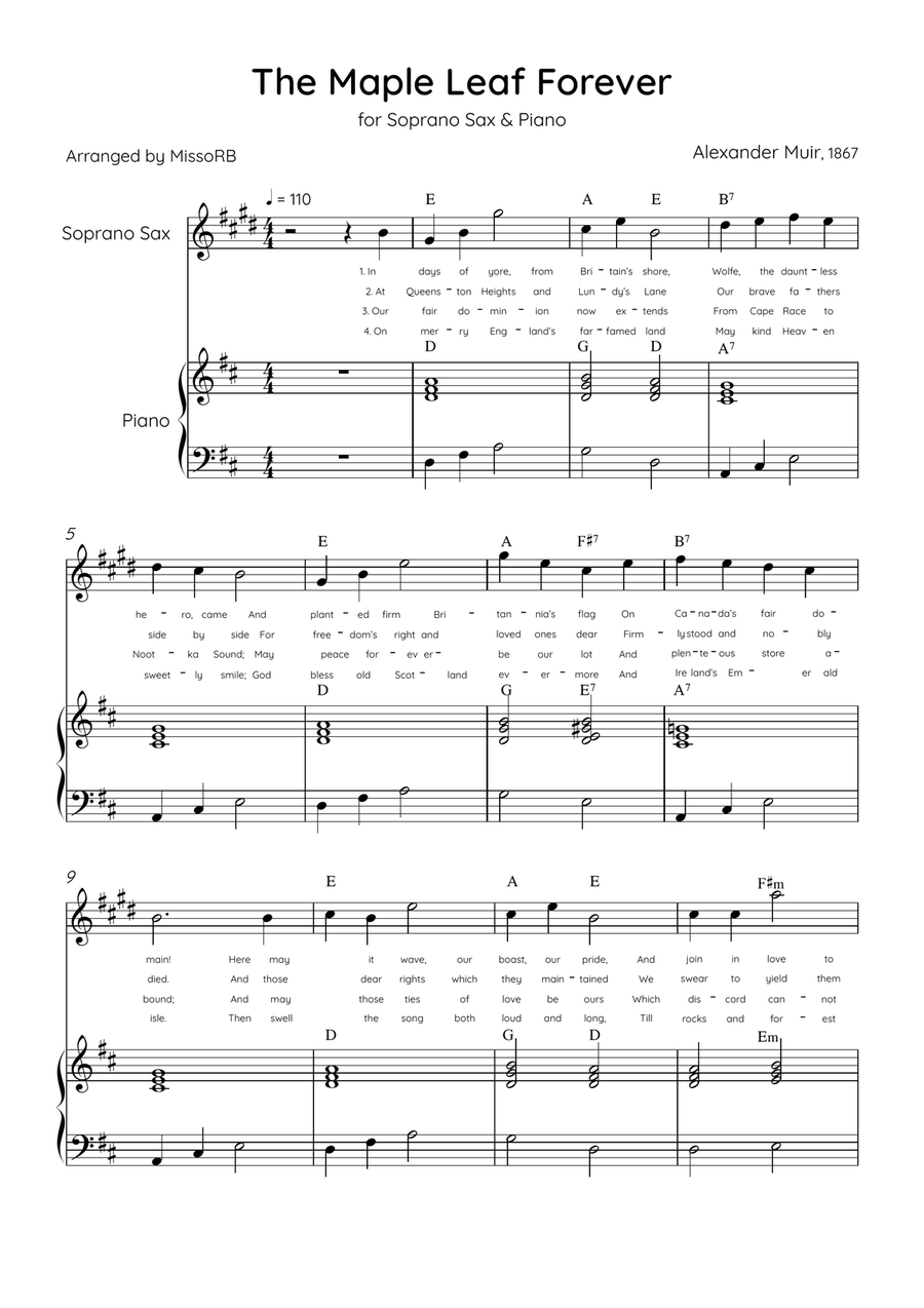 The Maple Leaf Forever - Soprano Sax & Piano in D Major With Chords & Lyrics Soprano Saxophone scores gallery preview page 1